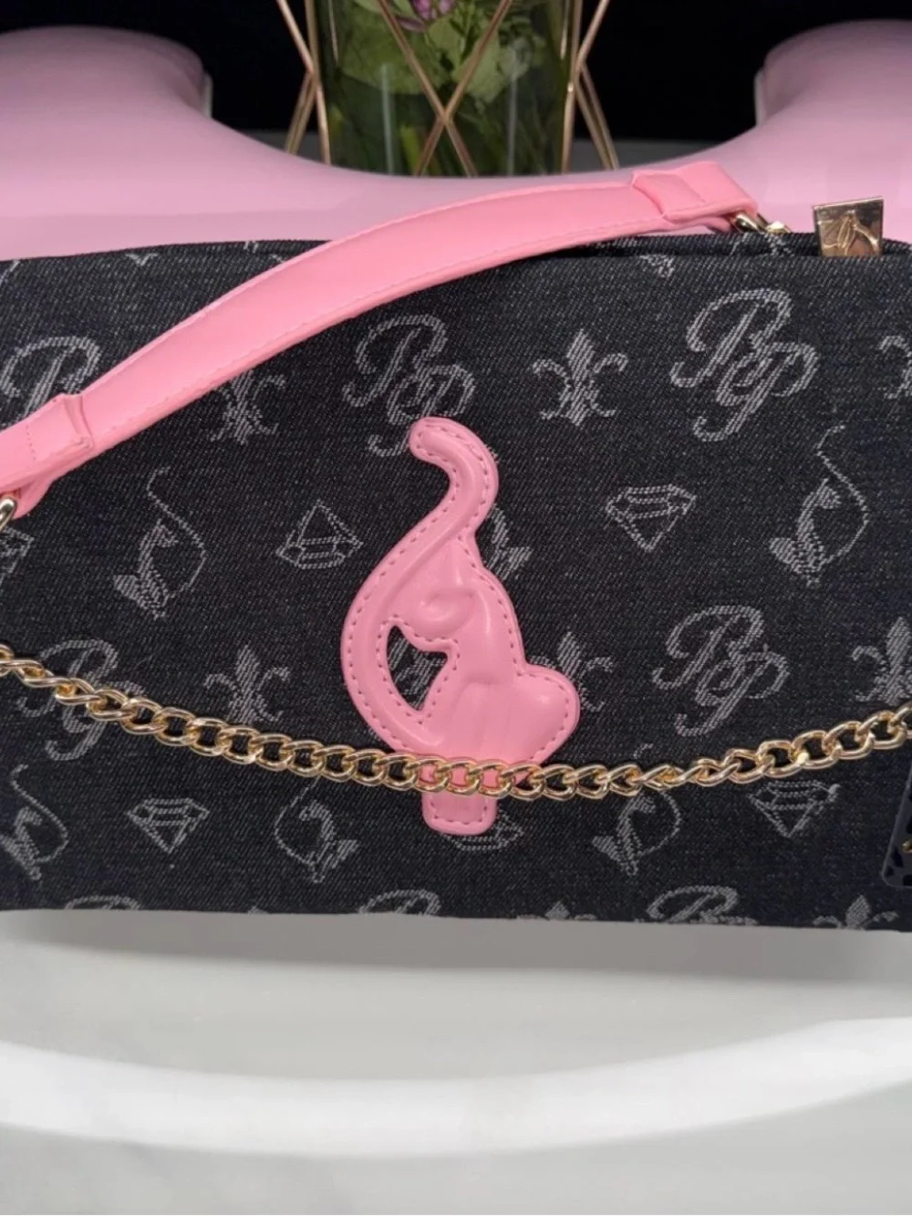 Baby Phat Black Monogram Shoulder Bag with Pink Accents and Gold Chain